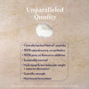 A textured beige background with the headline 'Unparalleled Quality' above a small pile of white powder. A central rounded rectangle lists marketing claims about Naticol peptides, including 'Clinically backed Naticol® peptides', '100% natural source, no synthetics', and '100% pure, no flavours or additives'.