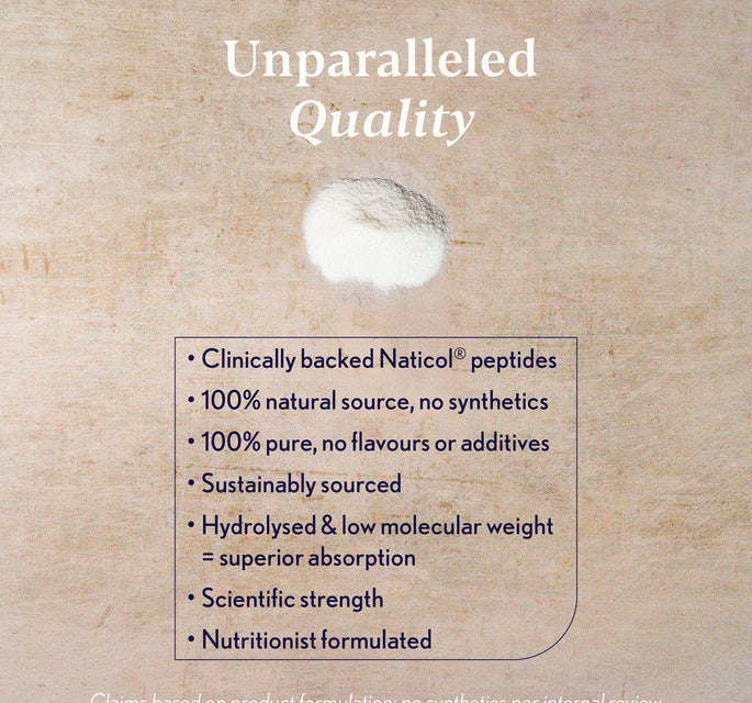 A textured beige background with the headline 'Unparalleled Quality' above a small pile of white powder. A central rounded rectangle lists marketing claims about Naticol peptides, including 'Clinically backed Naticol® peptides', '100% natural source, no synthetics', and '100% pure, no flavours or additives'.