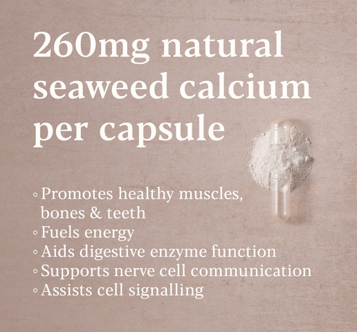 Seaweed calcium supplement with text on a beige background