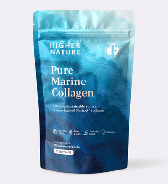 A stand-up pouch of Higher Nature Pure Marine Collagen powder, featuring a blue watercolor design on a light gray background.