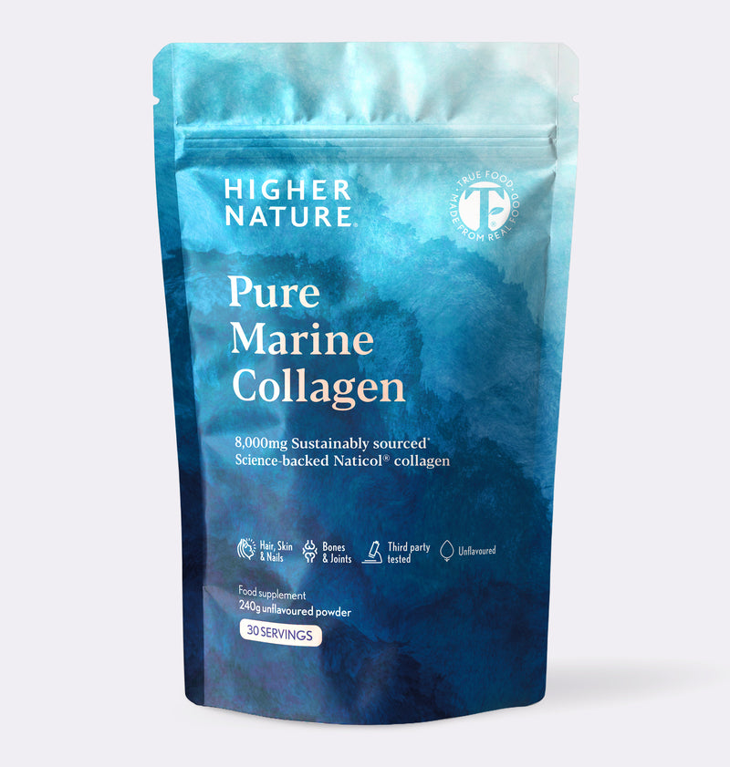 A stand-up pouch of Higher Nature Pure Marine Collagen powder, featuring a blue watercolor design on a light gray background.