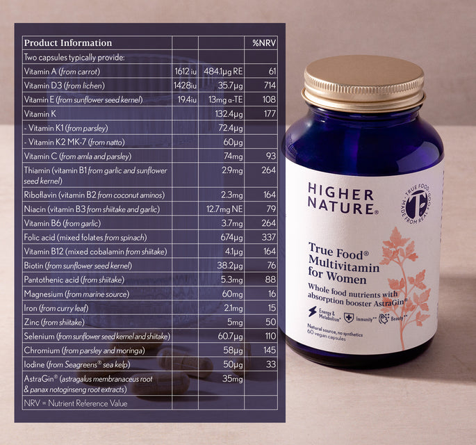 A bottle of Higher Nature True Food Multivitamin for Women next to a printed product information table on a white background.