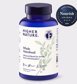 A bottle of Higher Nature Whole Osteofood supplements with a dark blue cap and white label, shown on a light gray background with a Nourish Awards 2026 badge in the top right corner.