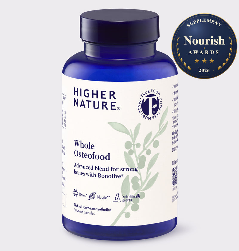 A bottle of Higher Nature Whole Osteofood supplements with a dark blue cap and white label, shown on a light gray background with a Nourish Awards 2026 badge in the top right corner.