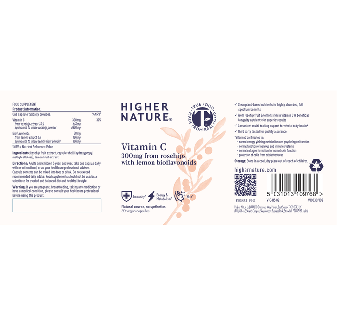 Higher Nature Vitamin C Capsules Product  Label