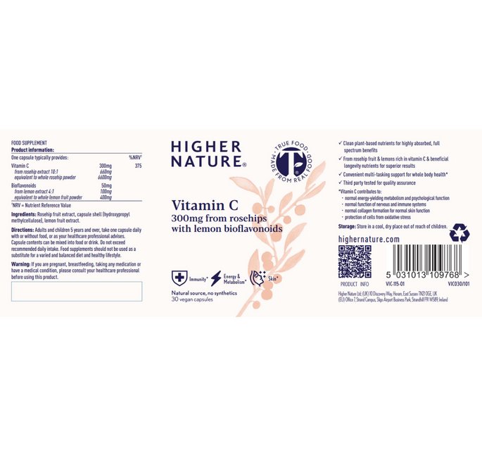 Higher Nature Vitamin C Capsules Product Label