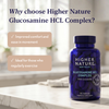 A bottle of Higher Nature Glucosamine HCL Complex dietary supplement placed on a marble countertop in a bright kitchen setting, with promotional text on the left highlighting benefits for comfort and exercise.