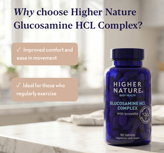 A bottle of Higher Nature Glucosamine HCL Complex dietary supplement placed on a marble countertop in a bright kitchen setting, with promotional text on the left highlighting benefits for comfort and exercise.