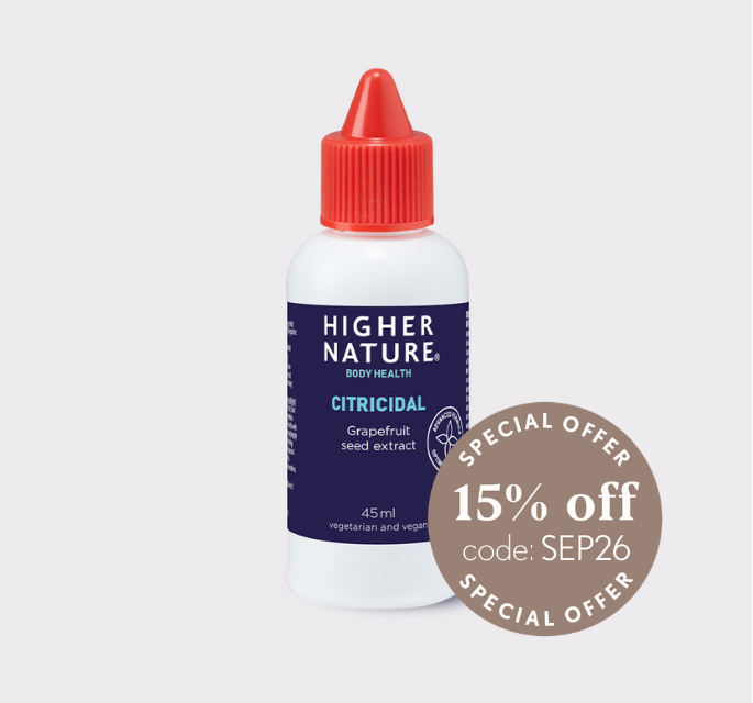 A 45ml bottle of Higher Nature Body Health Citricidal Grapefruit Seed Extract, featuring a white bottle, dark blue label, and red cap, shown with a brown promotional discount sticker overlay on a light gray background.